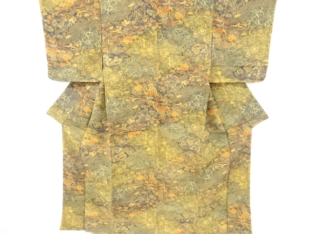 未使用品　仕立て上がり　縮緬地花更紗模様小紋着物